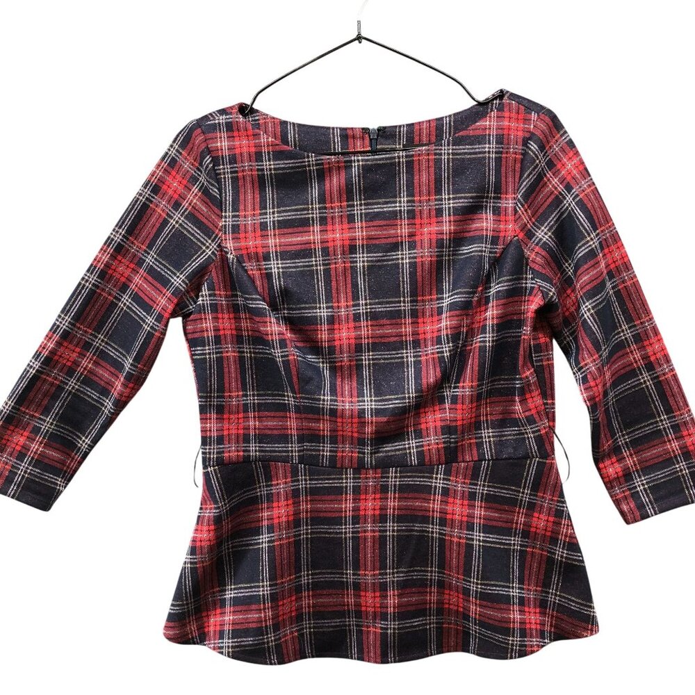 Alexia Admor Plaid Peplum‎ Top Womens S Red Blue 3/4 Sleeve Baby Doll Holiday